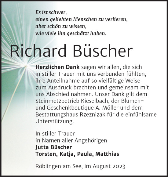 Traueranzeige von Richard Büscher von Trauerkombi Mansfelder Land