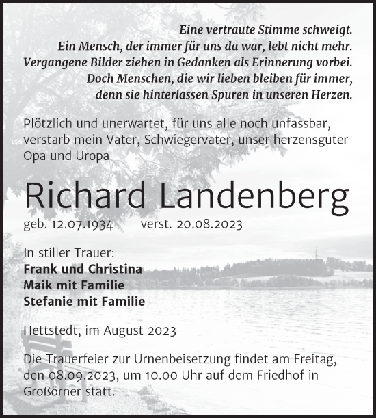 Traueranzeige von Richard Landenberg von Trauerkombi Mansfelder Land
