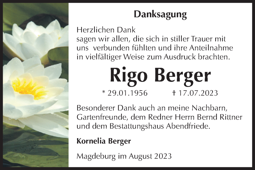  Traueranzeige für Rigo Berger vom 19.08.2023 aus Volksstimme Magdeburg