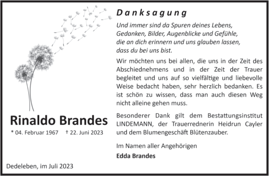 Traueranzeige von Rinaldo Brandes von Volksstimme Halberstadt