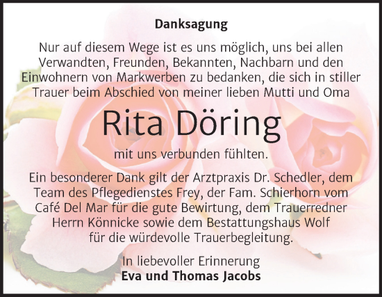 Traueranzeige von Rita Döring von Trauerkombi Weißenfels