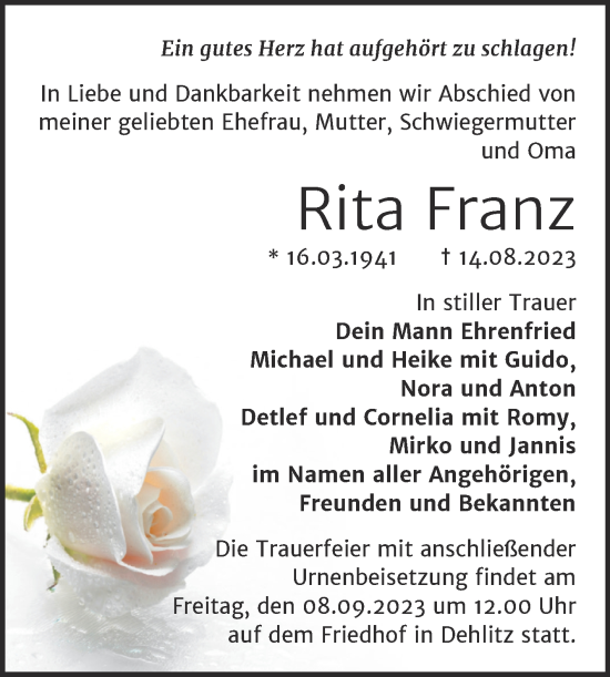 Traueranzeige von Rita Franz von Trauerkombi Weißenfels