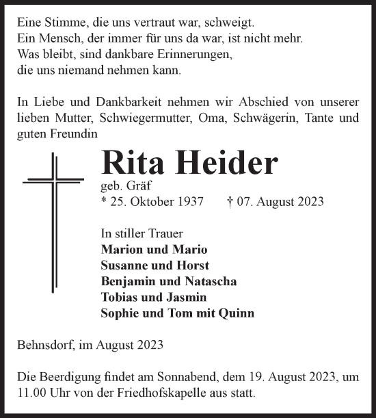 Traueranzeige von Rita Heider von Volksstimme Haldensleben/Wolmirstedt