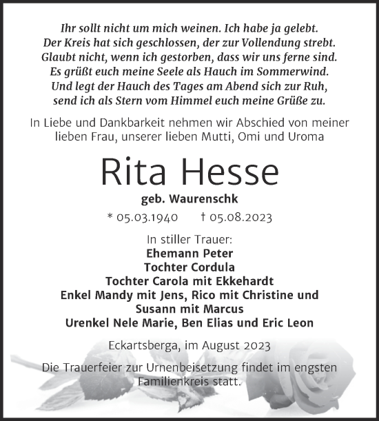 Traueranzeige von Rita Hesse von Wochenspiegel Naumburg/Nebra