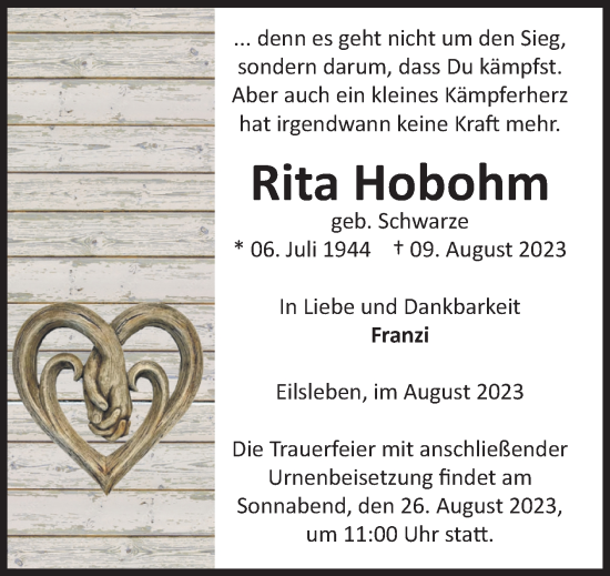 Traueranzeige von Rita Hobohm von Volksstimme Oschersleben/Wanzleben