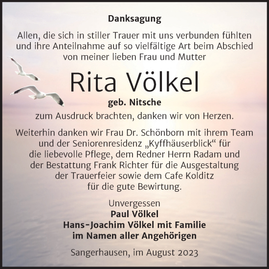 Traueranzeige von Rita Völkel von Trauerkombi Sangerhausen