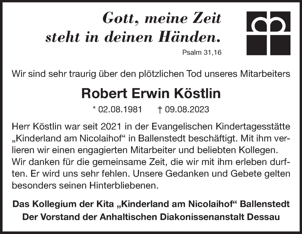  Traueranzeige für Robert Erwin Köstlin vom 19.08.2023 aus Mitteldeutsche Zeitung Quedlingburg