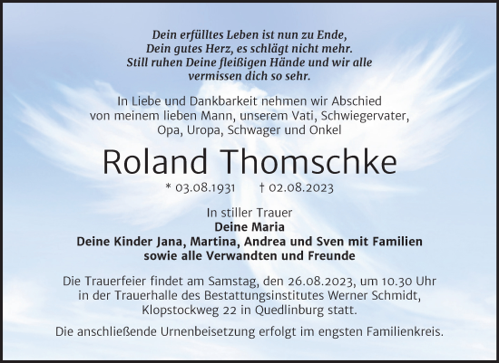 Traueranzeige von Roland Thomschke von Trauerkombi Quedlinburg