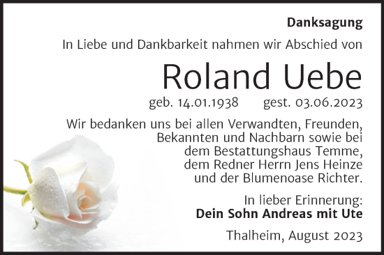 Traueranzeige von Roland Uebe von Trauerkombi Bitterfeld