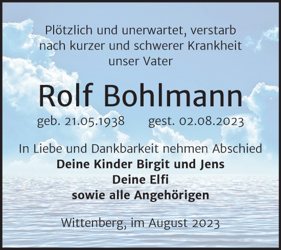 Traueranzeige von Rolf Bohlmann von Trauerkombi Wittenberg