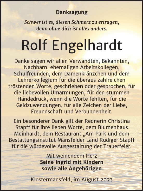 Traueranzeige von Rolf Engelhardt von Trauerkombi Mansfelder Land