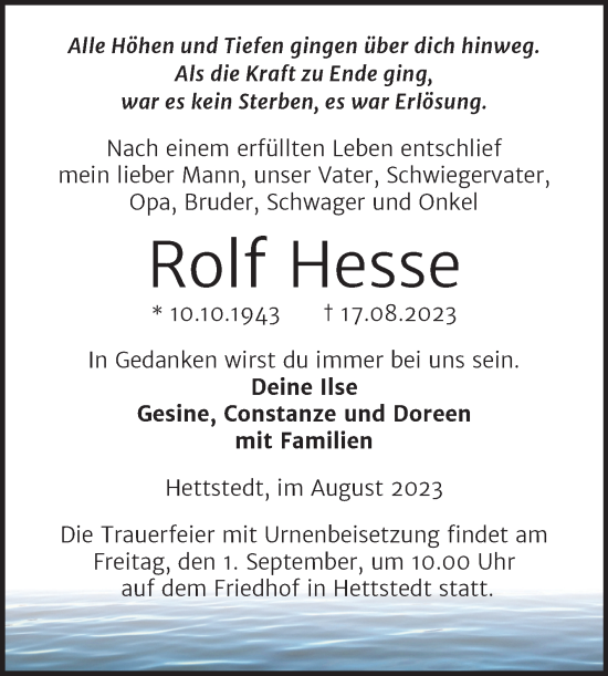 Traueranzeige von Rolf Hesse von Trauerkombi Mansfelder Land