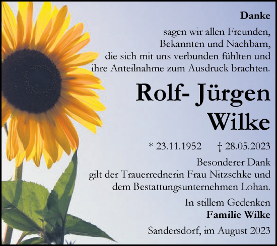 Traueranzeige von Rolf-Jürgen Wilke von Trauerkombi Bitterfeld