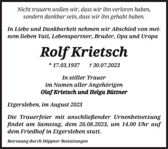 Traueranzeige von Rolf Krietsch von Volksstimme Oschersleben/Wanzleben