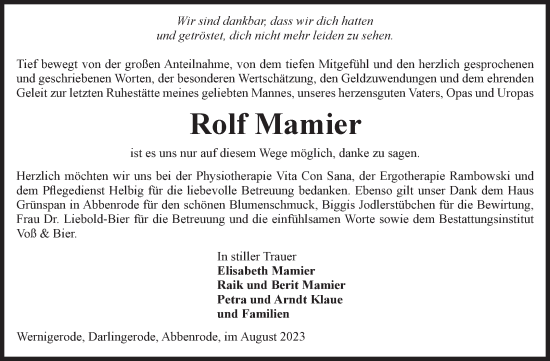 Traueranzeige von Rolf Mamier von Volksstimme Wernigerode