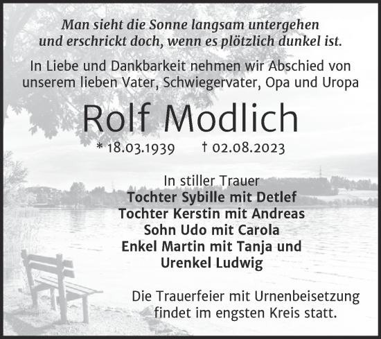 Traueranzeige von Rolf Modlich von Trauerkombi Wittenberg