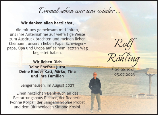 Traueranzeige von Rolf Röhling von Trauerkombi Sangerhausen