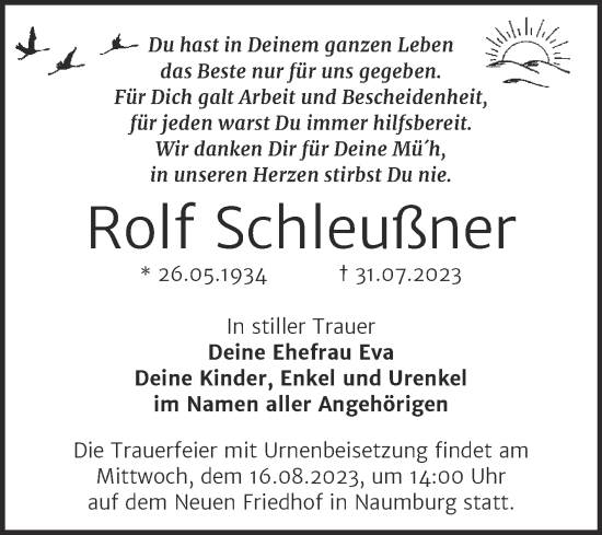 Traueranzeige von Rolf Schleußner von Naumburger Tageblatt