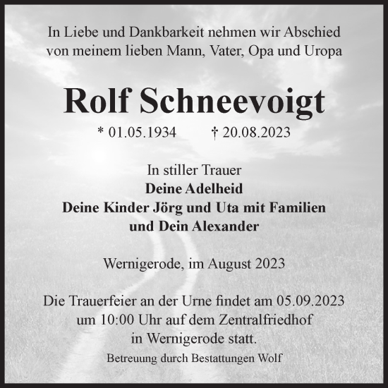 Traueranzeige von Rolf Schneevoigt von Volksstimme Wernigerode
