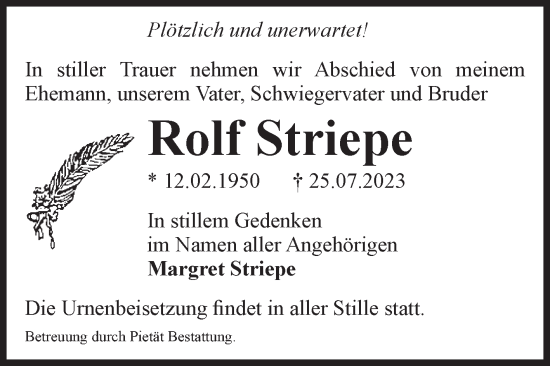 Traueranzeige von Rolf Striepe von Volksstimme Magdeburg