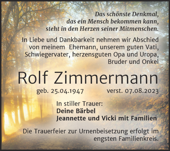Traueranzeige von Rolf Zimmermann von Trauerkombi Mansfelder Land