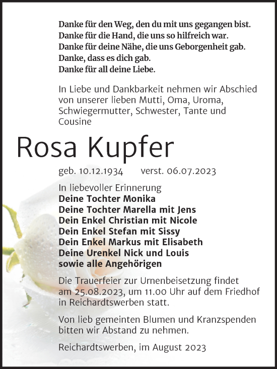 Traueranzeige von Rosa Kupfer von Trauerkombi Weißenfels