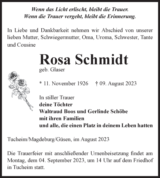 Traueranzeige von Rosa Schmidt von Volksstimme Burg/Genthin