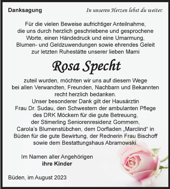 Traueranzeige von Rosa Specht von Volksstimme Burg/Genthin