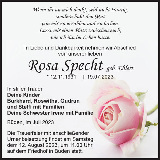Traueranzeige von Rosa Specht von Volksstimme Burg/Genthin