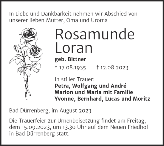 Traueranzeige von Rosamunde Loran von Trauerkombi Merseburg
