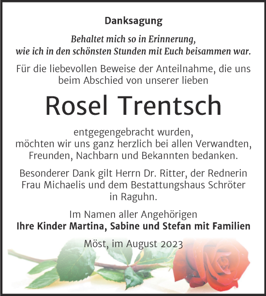 Traueranzeige von Rosel Trentsch von Trauerkombi Bitterfeld