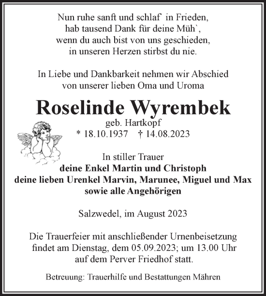 Traueranzeige von Roselinde Wyrembek von Volksstimme Altmark West