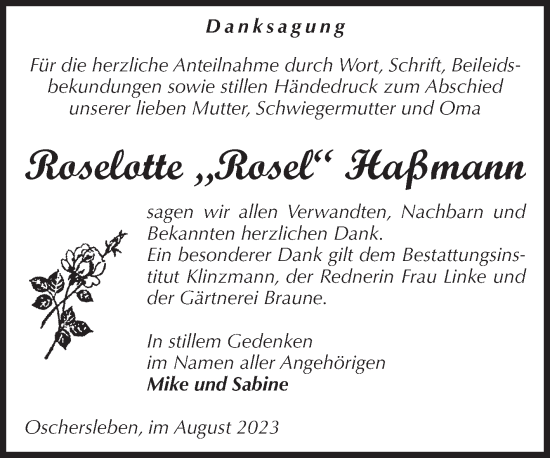 Traueranzeige von Roselotte Haßmann von Volksstimme Oschersleben/Wanzleben