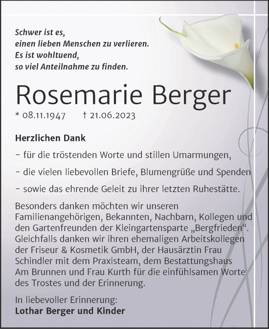 Traueranzeige von Rosemarie Berger von Trauerkombi Mansfelder Land
