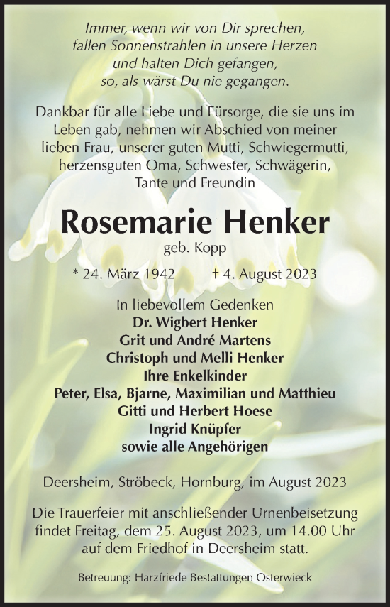 Traueranzeige von Rosemarie Henker von Volksstimme Halberstadt