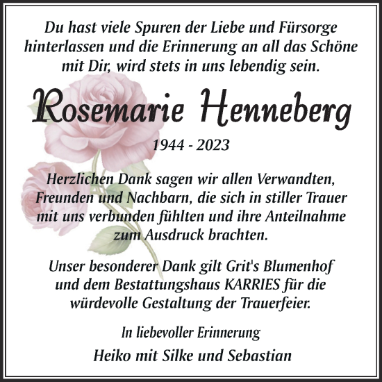 Traueranzeige von Rosemarie Henneberg von Trauerkombi Aschersleben
