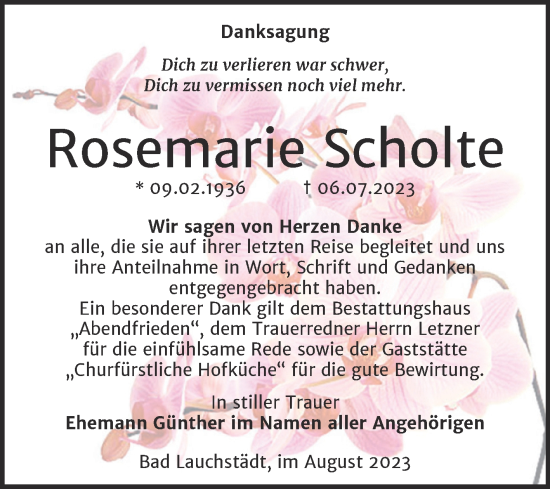 Traueranzeige von Rosemarie Scholte von Trauerkombi Merseburg
