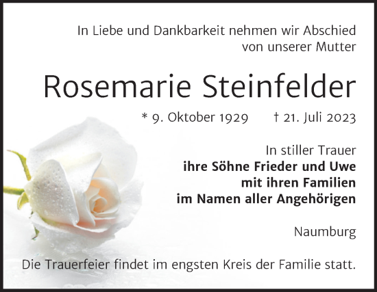Traueranzeige von Rosemarie Steinfelder von Wochenspiegel Naumburg/Nebra