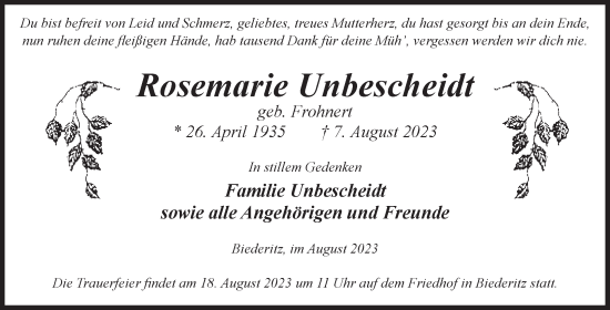Traueranzeige von Rosemarie Unbescheidt von Volksstimme Magdeburg
