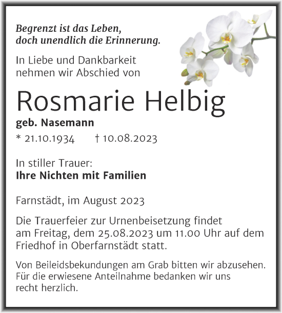 Traueranzeige von Rosmarie Helbig von Trauerkombi Merseburg