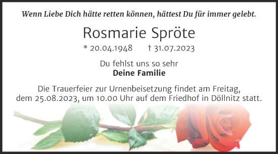 Traueranzeige von Rosmarie Spröte von Mitteldeutsche Zeitung Halle/Saalkreis
