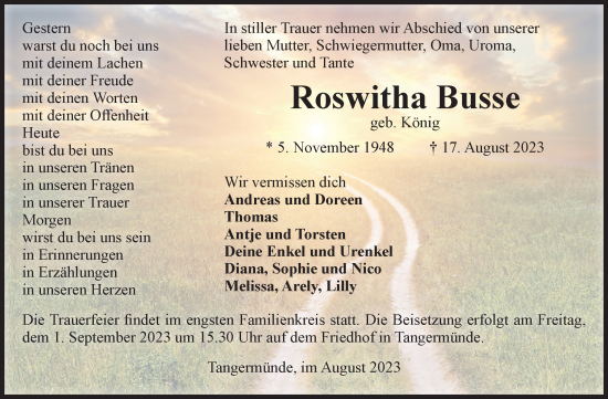 Traueranzeige von Roswitha Busse von Volksstimme Altmark Ost