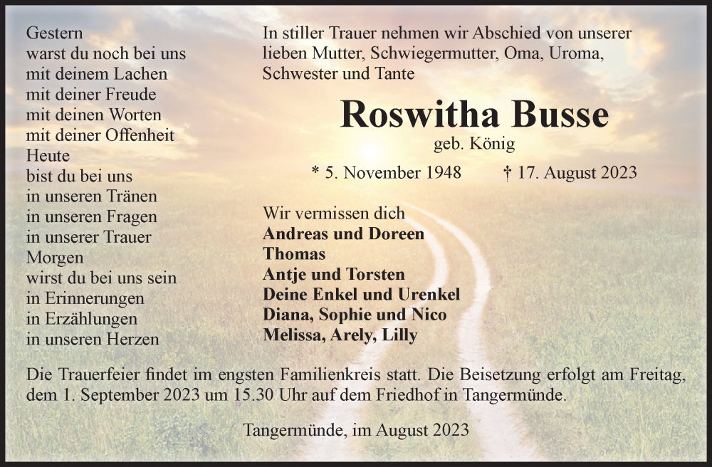  Traueranzeige für Roswitha Busse vom 19.08.2023 aus Volksstimme Altmark Ost