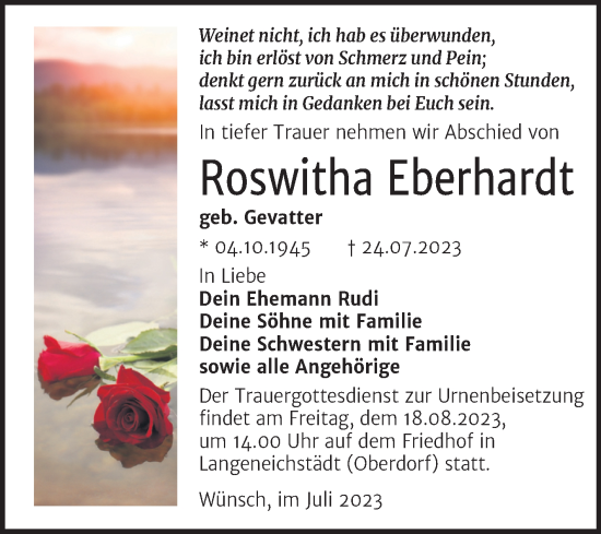 Traueranzeige von Roswitha Eberhardt von Trauerkombi Merseburg