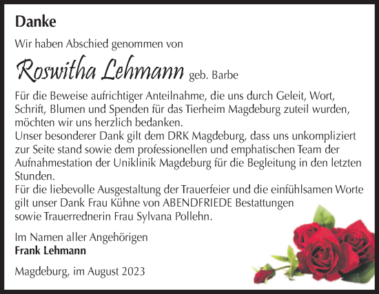 Traueranzeige von Roswitha Lehmann von Volksstimme Magdeburg