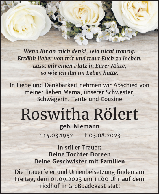 Traueranzeige von Roswitha Rölert von Trauerkombi Köthen