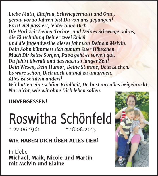 Traueranzeige von Roswitha Schönfeld von Trauerkombi Wittenberg