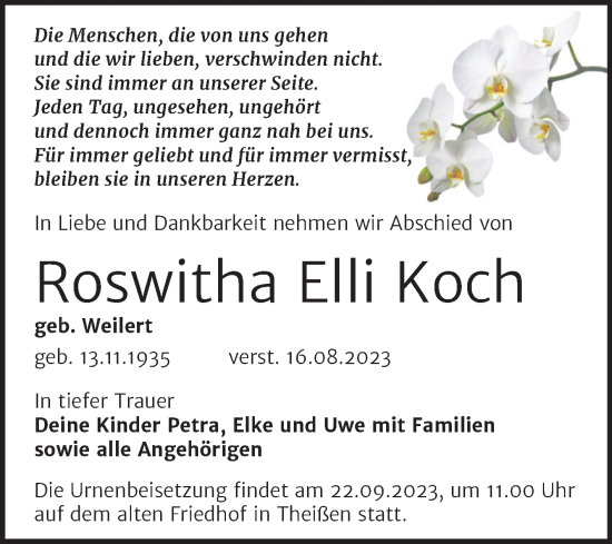 Traueranzeige von Roswitha Elli Koch von Trauerkombi Zeitz