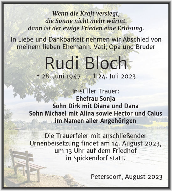 Traueranzeige von Rudi Bloch von Mitteldeutsche Zeitung Halle/Saalkreis