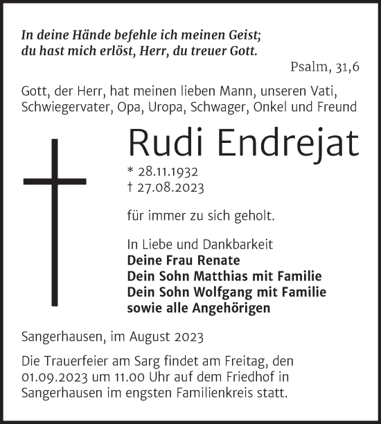 Traueranzeige von Rudi Endrejat von Mitteldeutsche Zeitung Sangerhausen